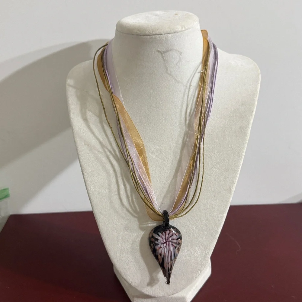 Glass Pendant Necklace.Brown and Purple Ribbon Cord,